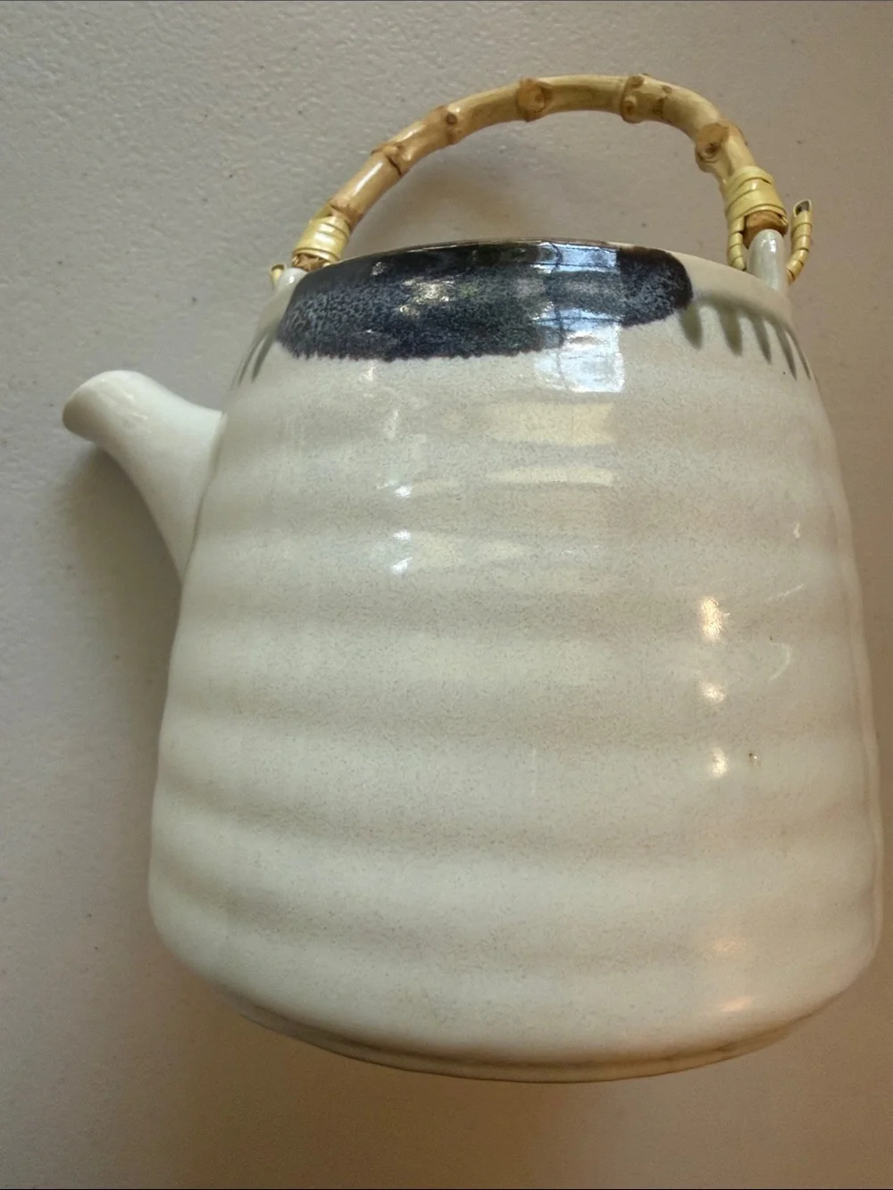 Cost Plus World Market Cream Ceramic Teapot with Bamboo Handle Dark Blue Accents